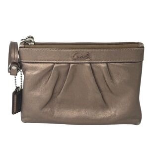 Coach Madison Metallic Champagne Leather Pleated Wristlet Pouch Silver Logo